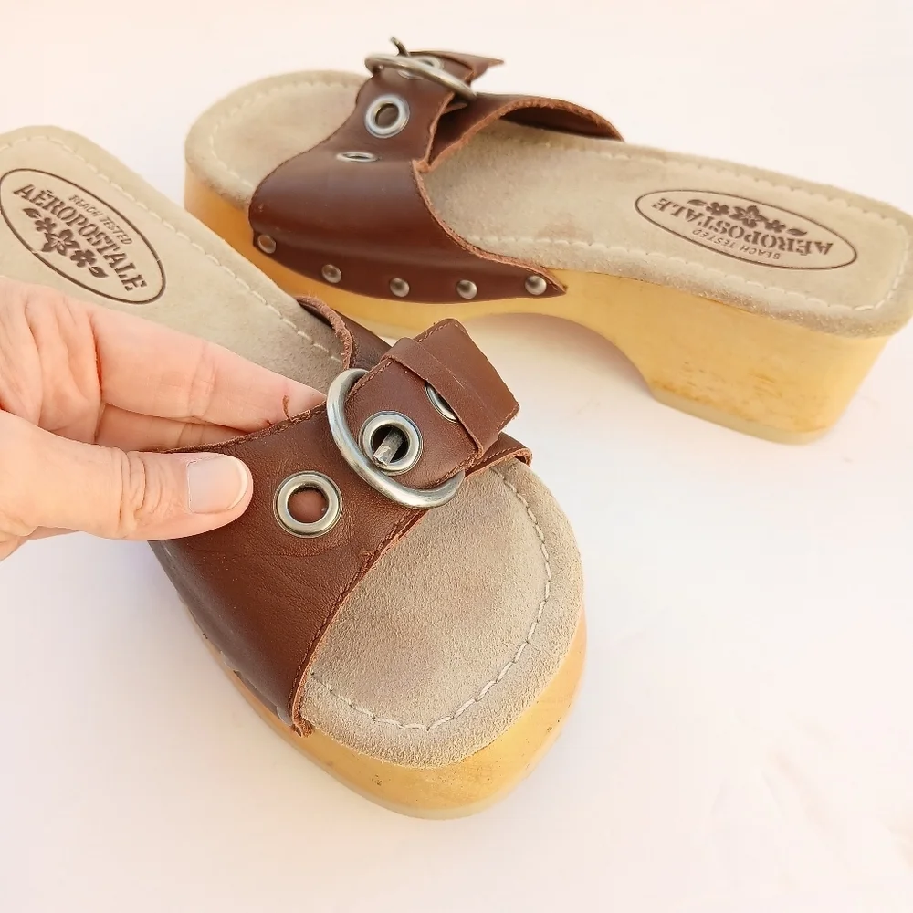 Vintage Y2K Platform Sandals Wooden Leather Slide